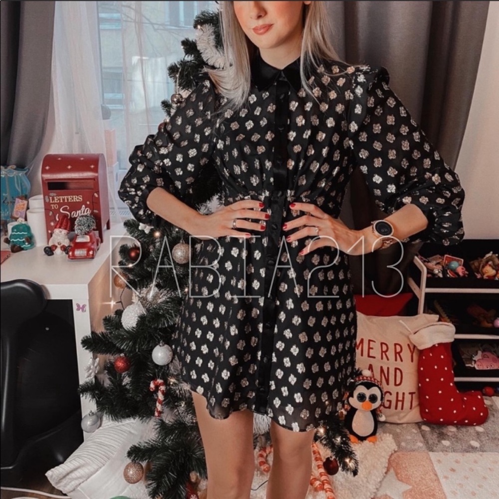 ZARA METALLIC THREAD SHIRTDRESS sz M PERFECT black gold dress